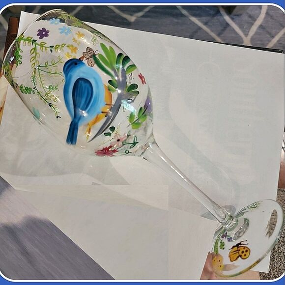 Pair (2) Tall 9" Painted #Wine Glasses #Tropical Birds Butterflies Leaves #NWOT - Picture 4 of 9